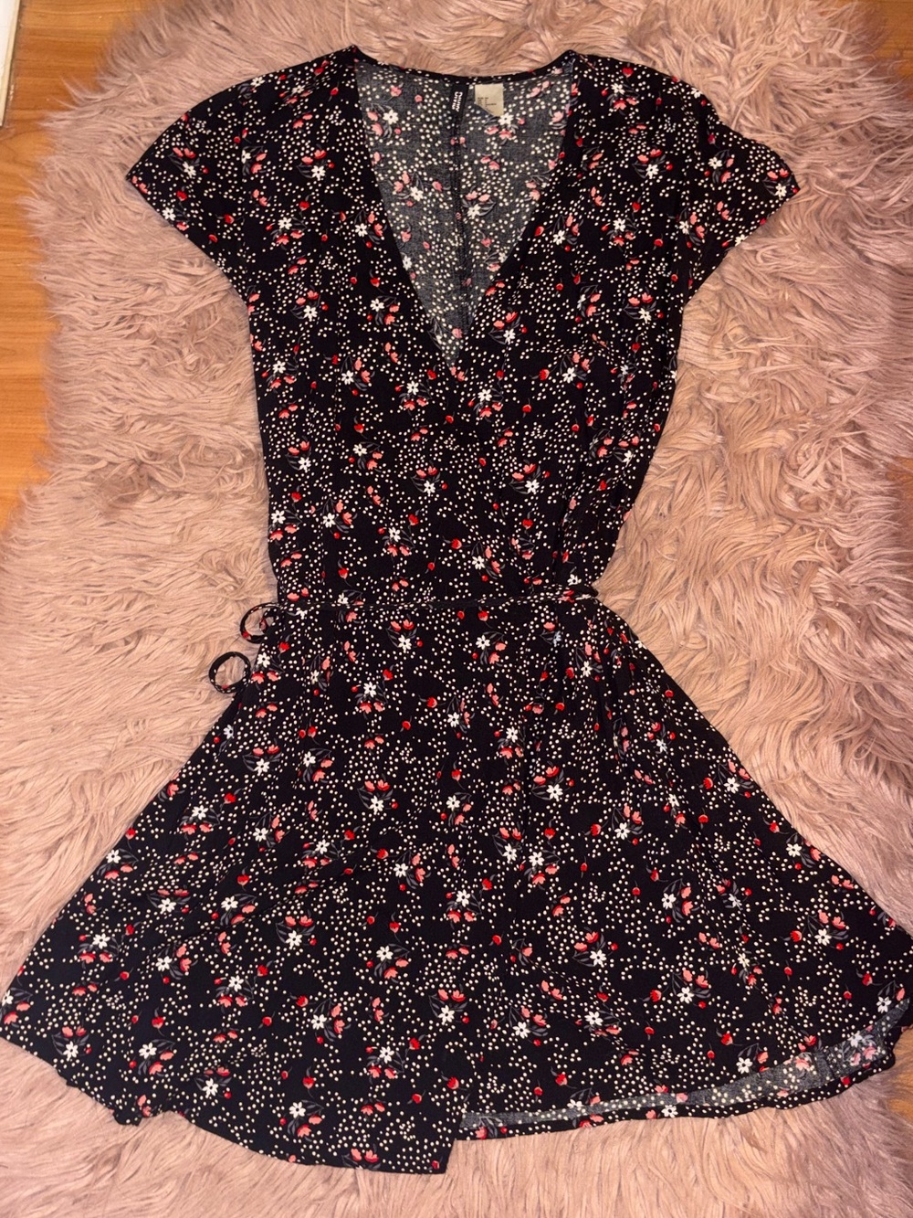 H&M Black Mini Dress with Red and White Floral Print